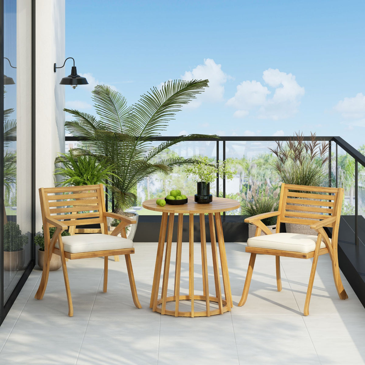 Outdoor 3 Pieces Dining Set With Cushions - Teak - Teak