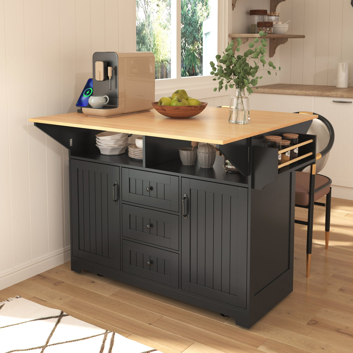 K&K 55.7'' Large Kitchen Island with 2 Drop Leaf