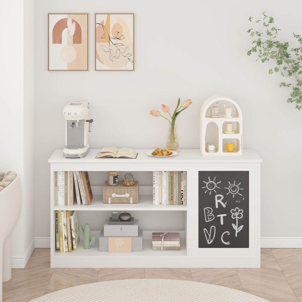 3-in-1 Bookshelf and Toy Storage Cabinet with Chalkboard - White