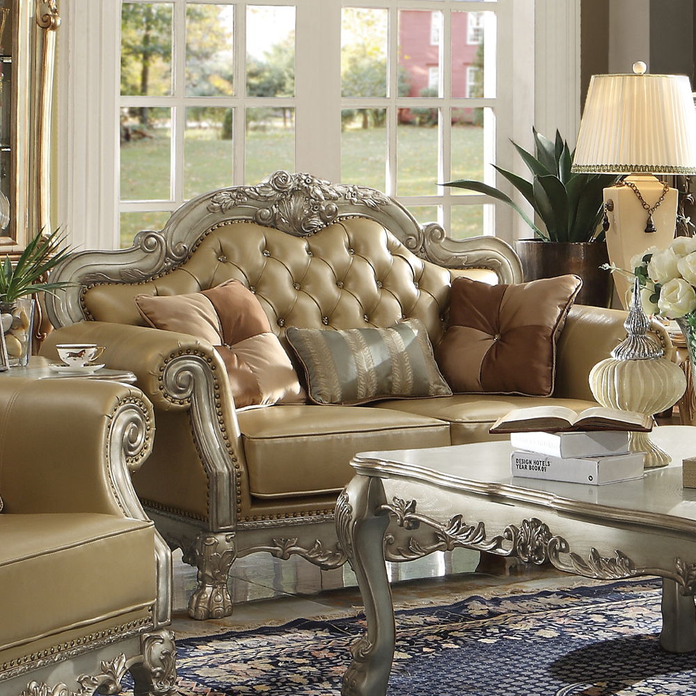 Dresden - Loveseat With 3 Pillows - Bone Synthetic Leather & Gold Patina