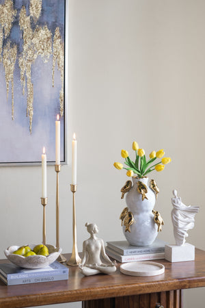 8.5x8.5x14 White Two-Tiered Ceramic Vase with Gold Bird Accents