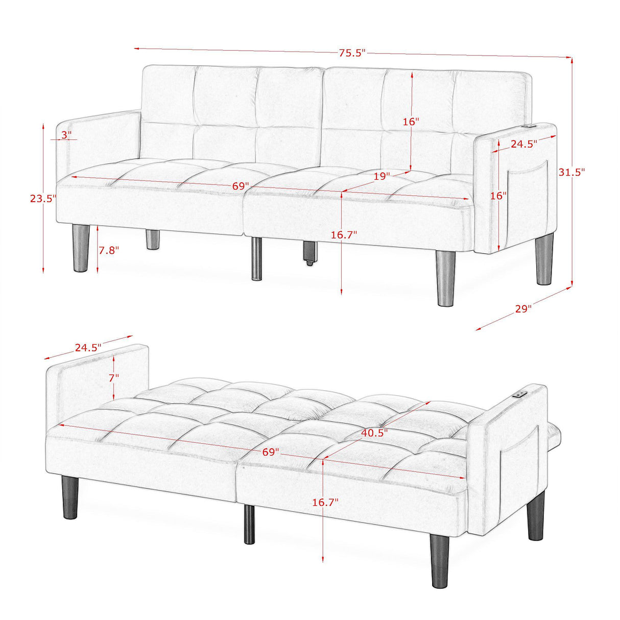 Velvet Futon Couch Convertible Folding Sofa Bed
