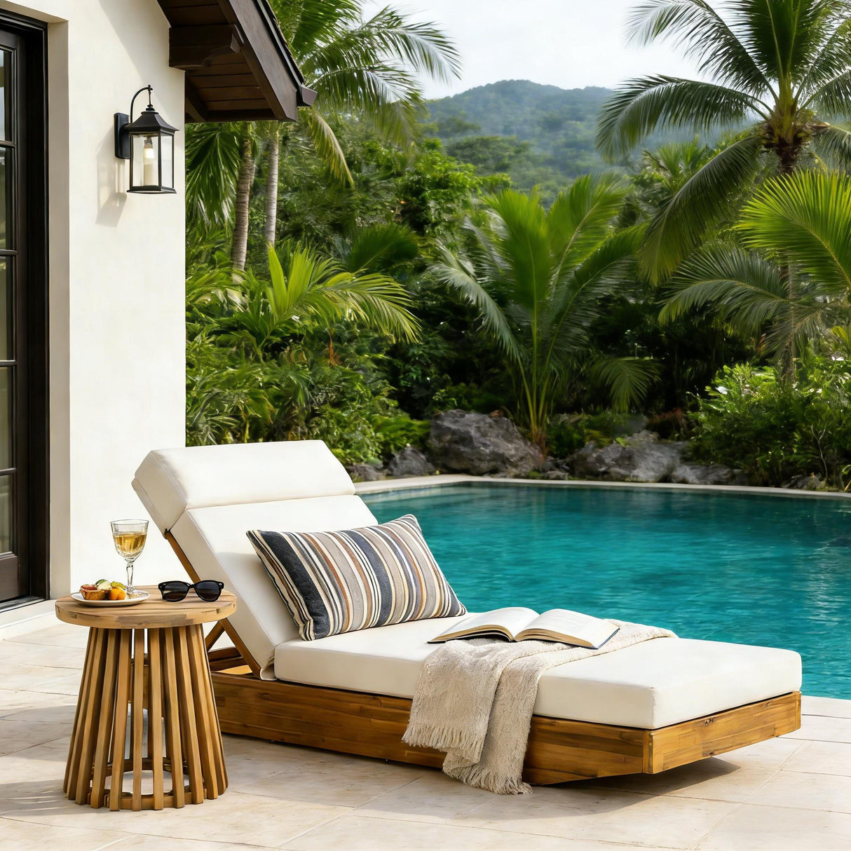 Modern Acacia Wood Outdoor Chaise Lounge