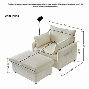Oversized Chaise Lounge Chair with Ottoman and Storage in Beige