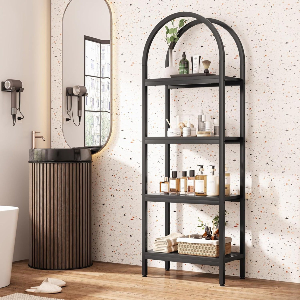 Tall 4 Tier Arched Open Bookshelf Storage Rack - Black