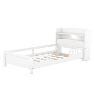 Wood Platform Bed With Built In LED Light, Storage Headboard And Guardrail
