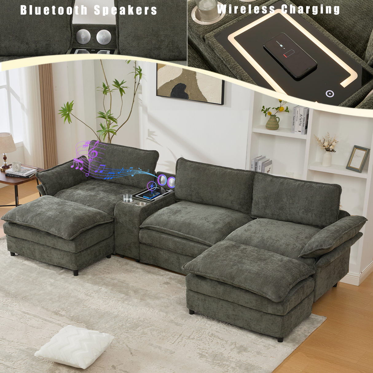 U Shaped Modular Sectional Sofa with Storage Console & Bluetooth Speakers