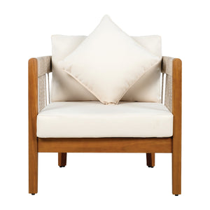 Acacia Wood Outdoor Club Chair with Handwoven Rope Accents and Curved Backrest