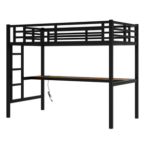 Metal Twin XL Size Loft Bed with Power Outlet and LED Light