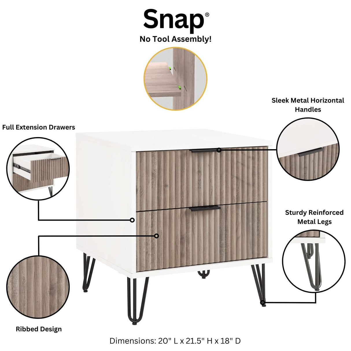 Dumbo - Fluted Nightstand With 2 Drawers - Gray / White