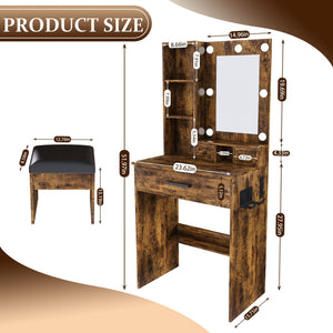 Vanity Set with Mirror, Adjustable LED Lights & Power Outlet - Wood & Mirror