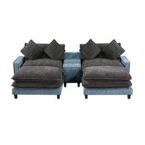 Sectional Sofa With Removable Ottomans, USB Ports, Cup Holders & Storage - Gray / Light Blue