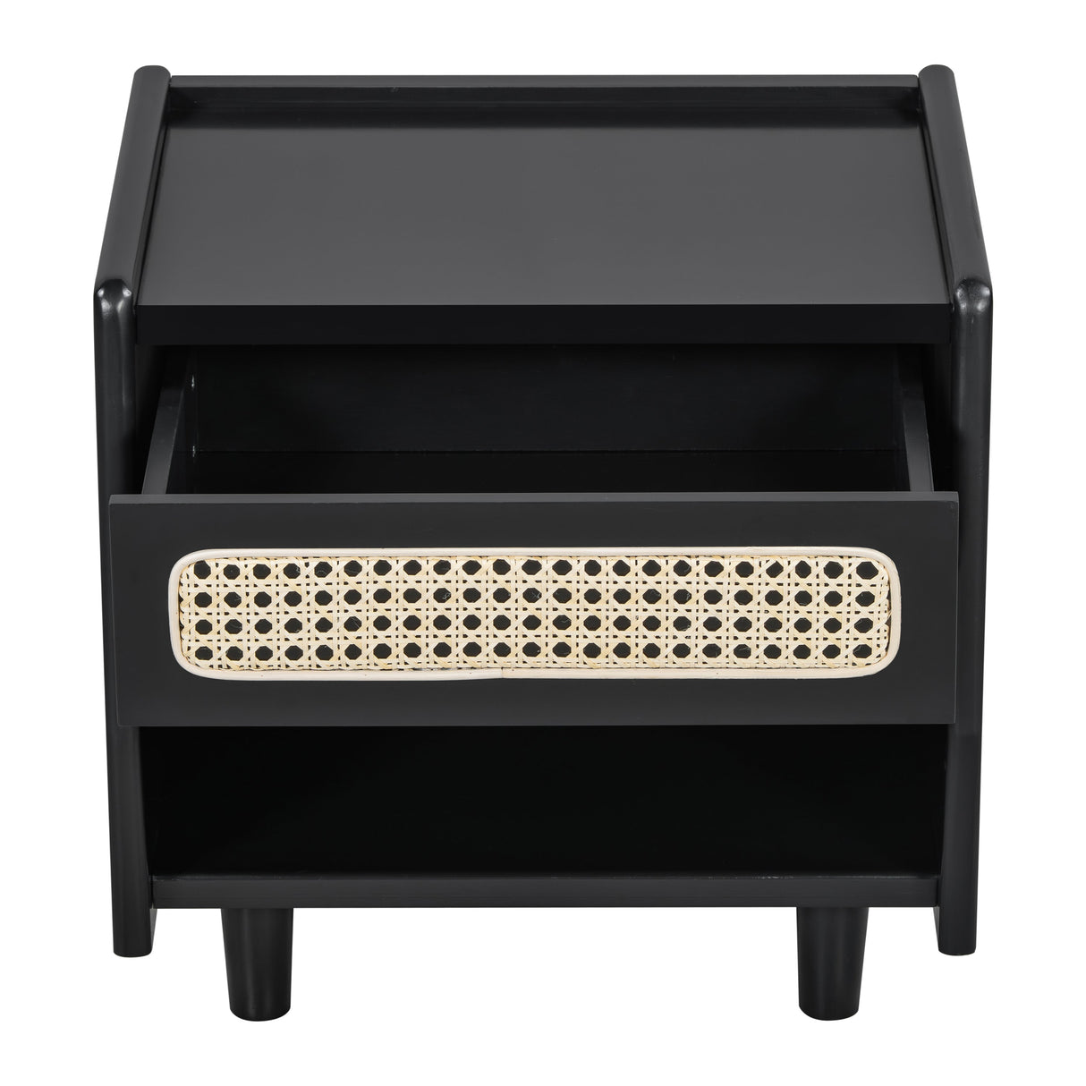 Black Nightstand with Rattan Detail