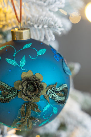 Light Blue Glass Christmas Ball Ornaments with Glitter Details - Set of 4 or 6