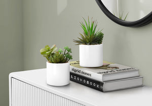 7" Tall, Artificial Plant, Succulent, Indoor, Faux, Fake, Table, Greenery, Potted, Decorative (Set of 2) - Green / White