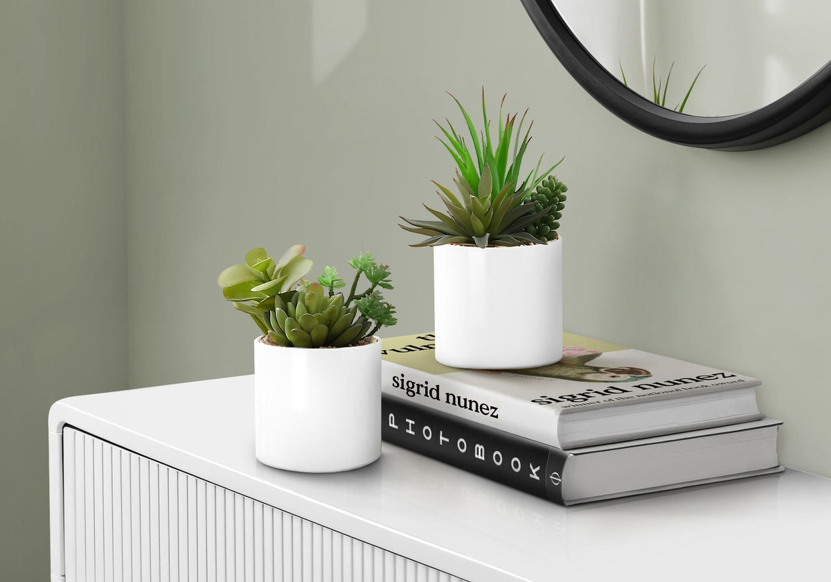 7" Tall, Artificial Plant, Succulent, Indoor, Faux, Fake, Table, Greenery, Potted, Decorative (Set of 2) - Green / White