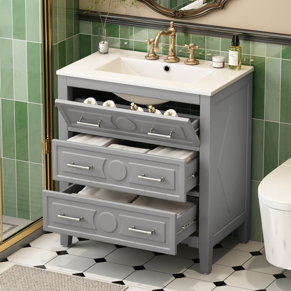 Retro Bathroom Vanity with Sink Combo, Free Standing, 3 Soft-Close Drawers - Dark Gray or White