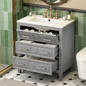 Retro Bathroom Vanity with Sink Combo, Free Standing, 3 Soft-Close Drawers - Dark Gray or White