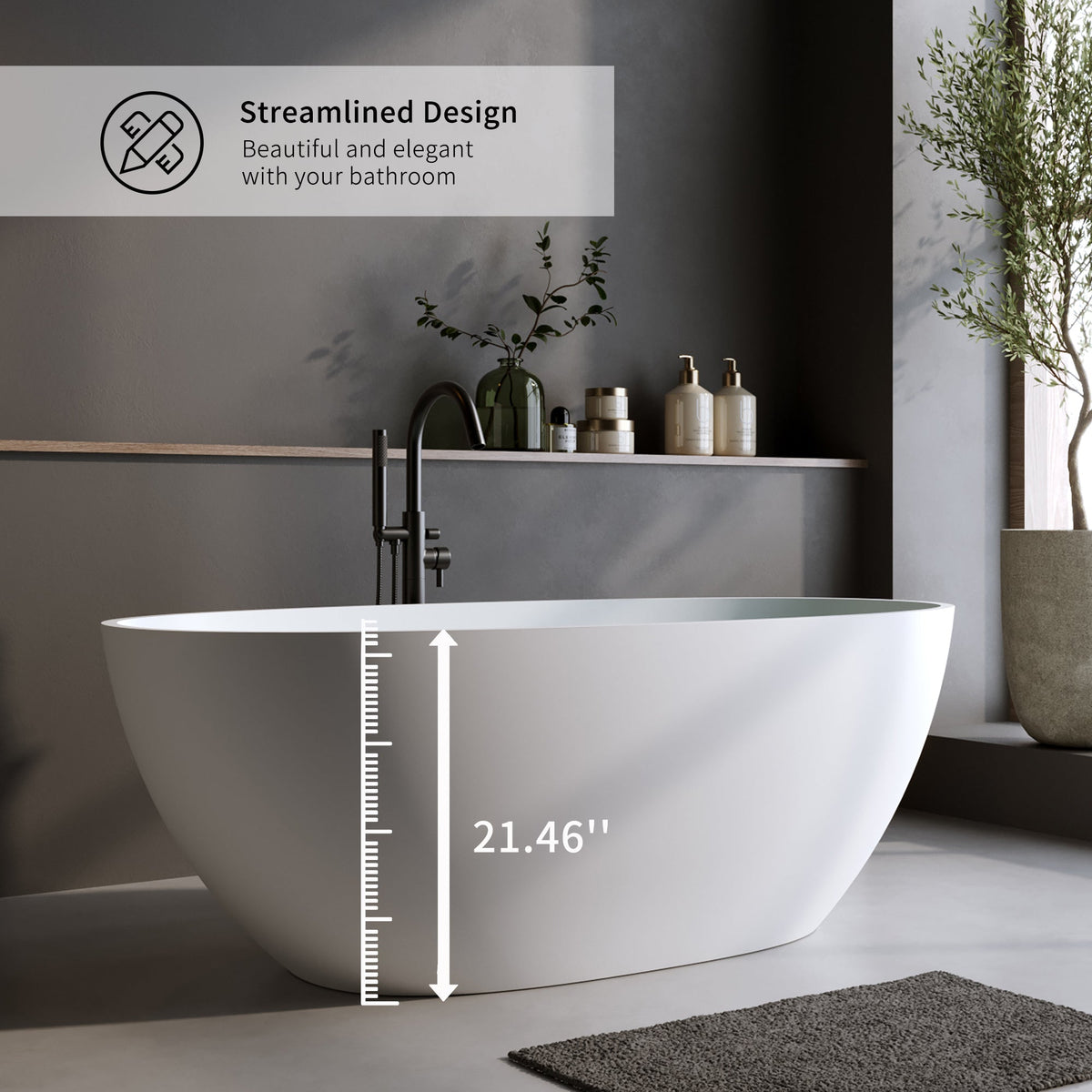 55" Solid Surface Matte Tub - Freestanding Soaking Bathtub