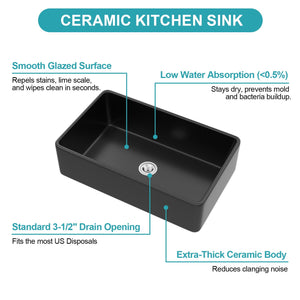 Farmhouse Ceramic Apron Front Single Bowl Kitchen Sink with Durable Design - White or Black