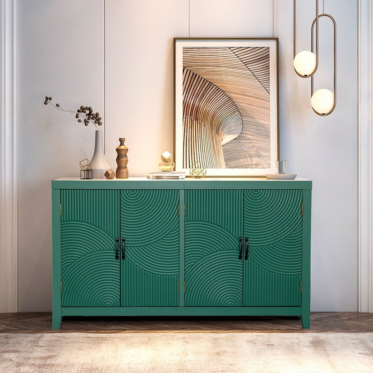 59in Green Accent Cabinet with 4 Doors Mid Century Modern Pantry Cabinet