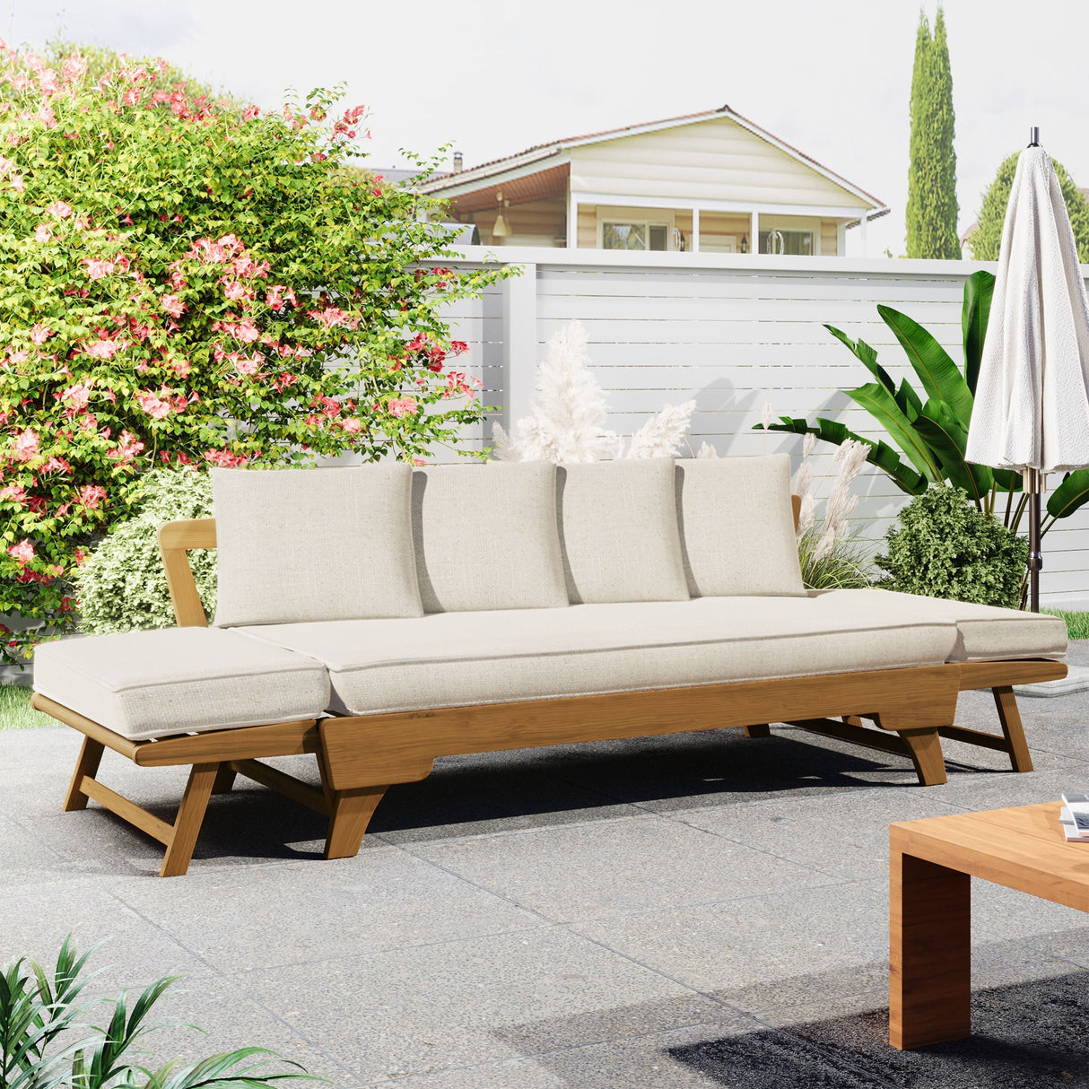 Outdoor Patio Daybed Sofa, 3-Seat Sofa with Foldable Arm & Removable Cushions