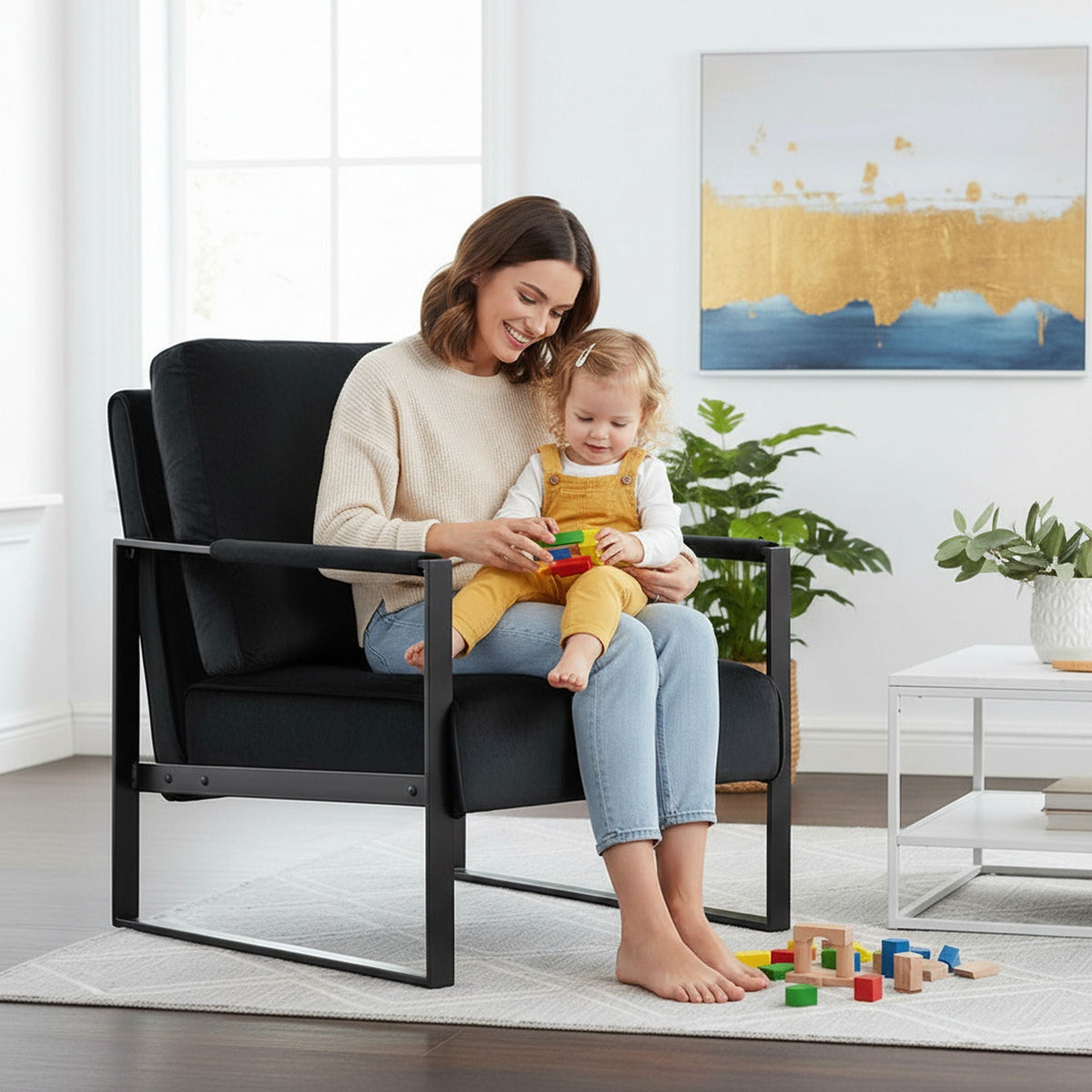 Classic Mid Century Modern Accent Chair with Square Metal Frame - Multiple Colors