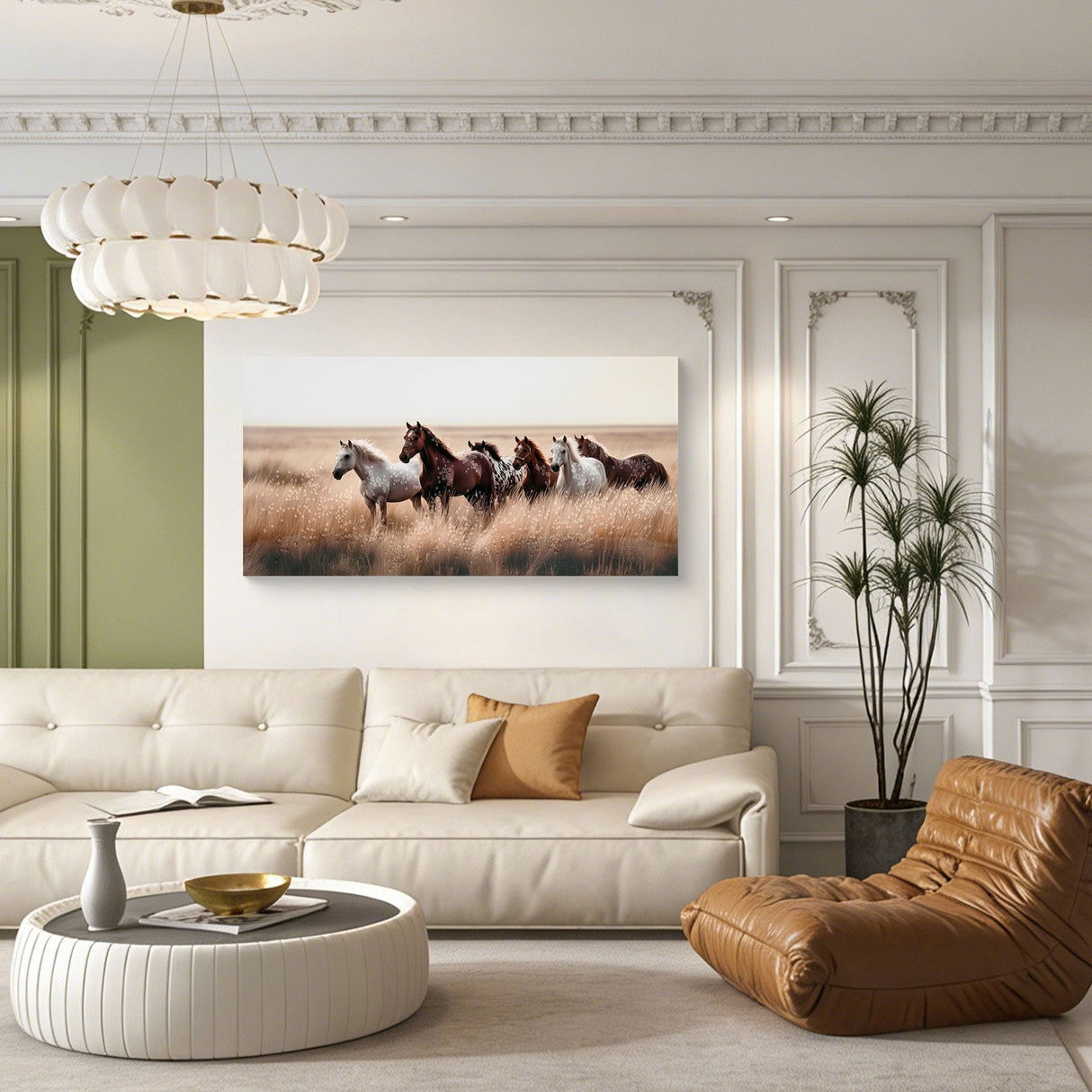Cozy Country Rustic Horses Wall Art Decor: Western Farm Equine Canvas Picture Wild Animals Walking on Empty Grassland Farmhouse Ponies Portrait Painting Artwork for Living Room Bedroom 40' x 20'