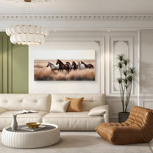 Cozy Country Rustic Horses Wall Art Decor: Western Farm Equine Canvas Picture Wild Animals Walking on Empty Grassland Farmhouse Ponies Portrait Painting Artwork for Living Room Bedroom 40' x 20'