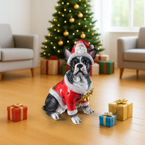 Christmas French Bulldog Statue, Holiday Dog Figurine in Santa Outfit