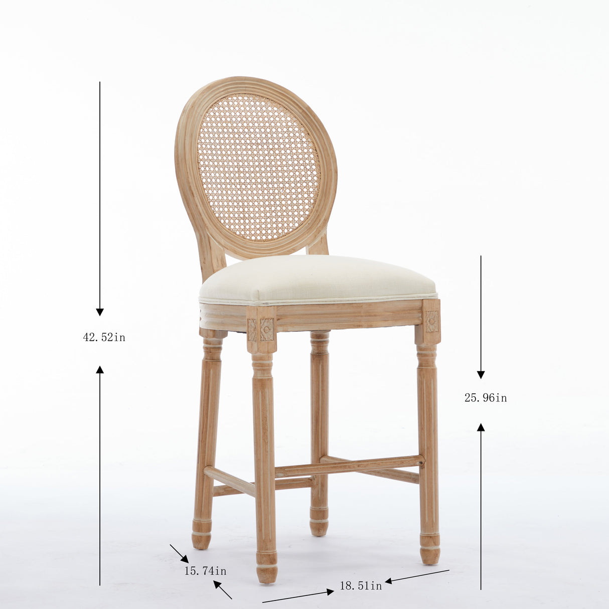 Upholstered Bar Stool with Round Rattan Back, Set of 2