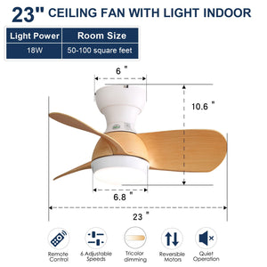 23" Bedroom Ceiling Fan With 3 Color Dimmable 3 ABS Blades Remote Control Dc Motor With 18W Led Light
