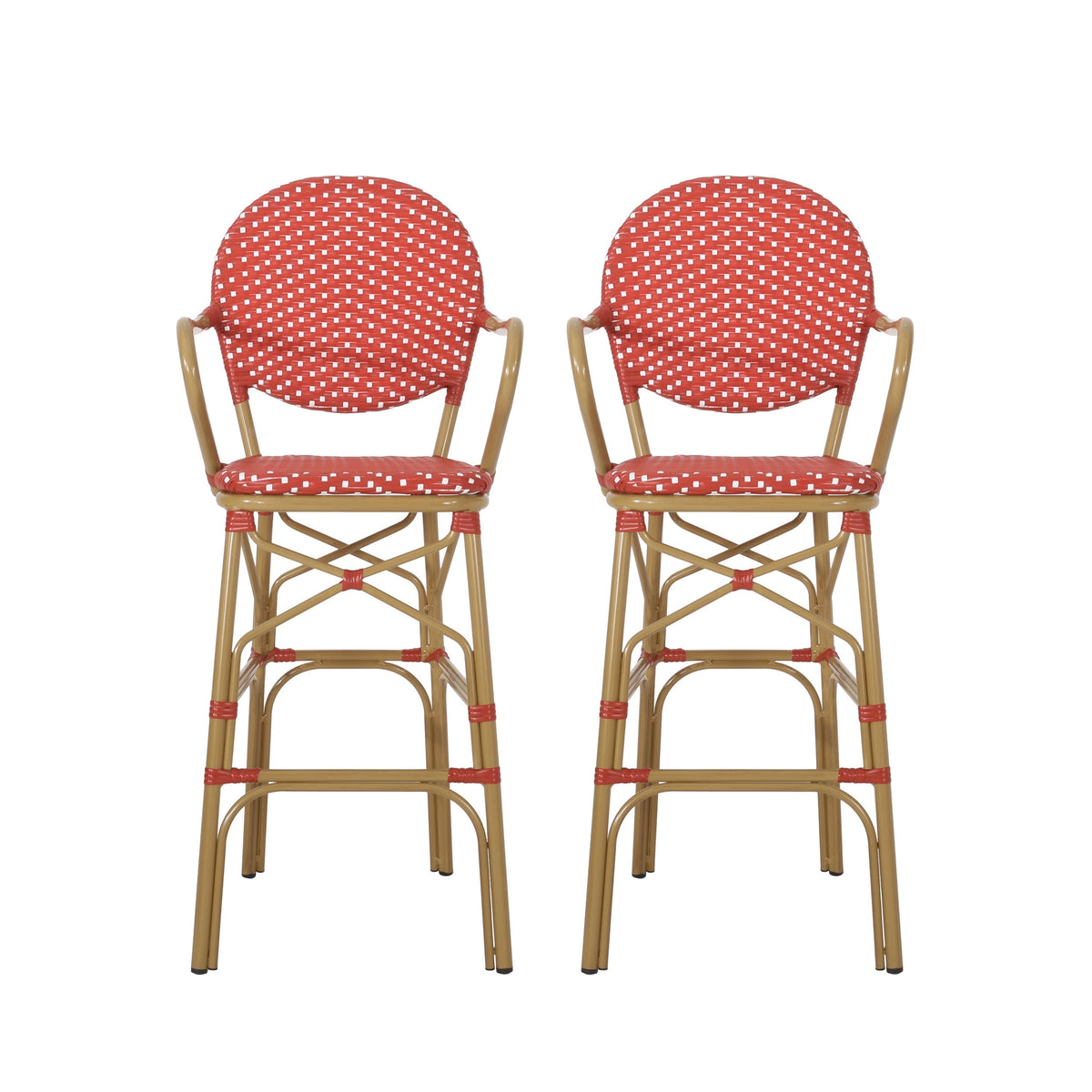 Outdoor Wicker and Aluminum French Barstools, Set of 2