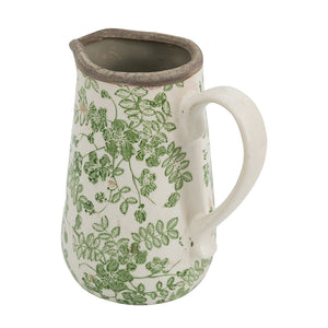 6.3x4.5x7.1' White Ceramic Pitcher Vase with Green Floral Pattern