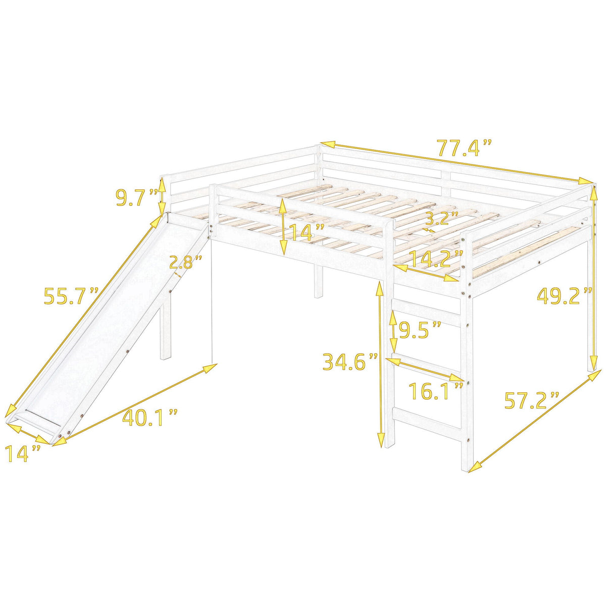 Full Loft Bed With Slide, Multifunctional Design - White