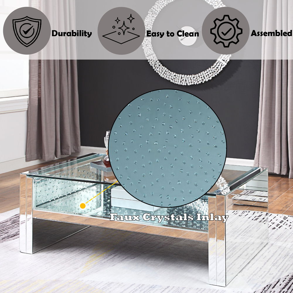 Nysa - 47" Coffee Table - Mirrored & Faux Crystals