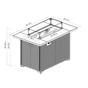 44' Propane Gas Fire Pit Table, 50000 BTU Rectangular Fire Pit, Tile Tabletop with Beautiful Wicker Base for Outside Patio Deck Garden Courtyard-Brown