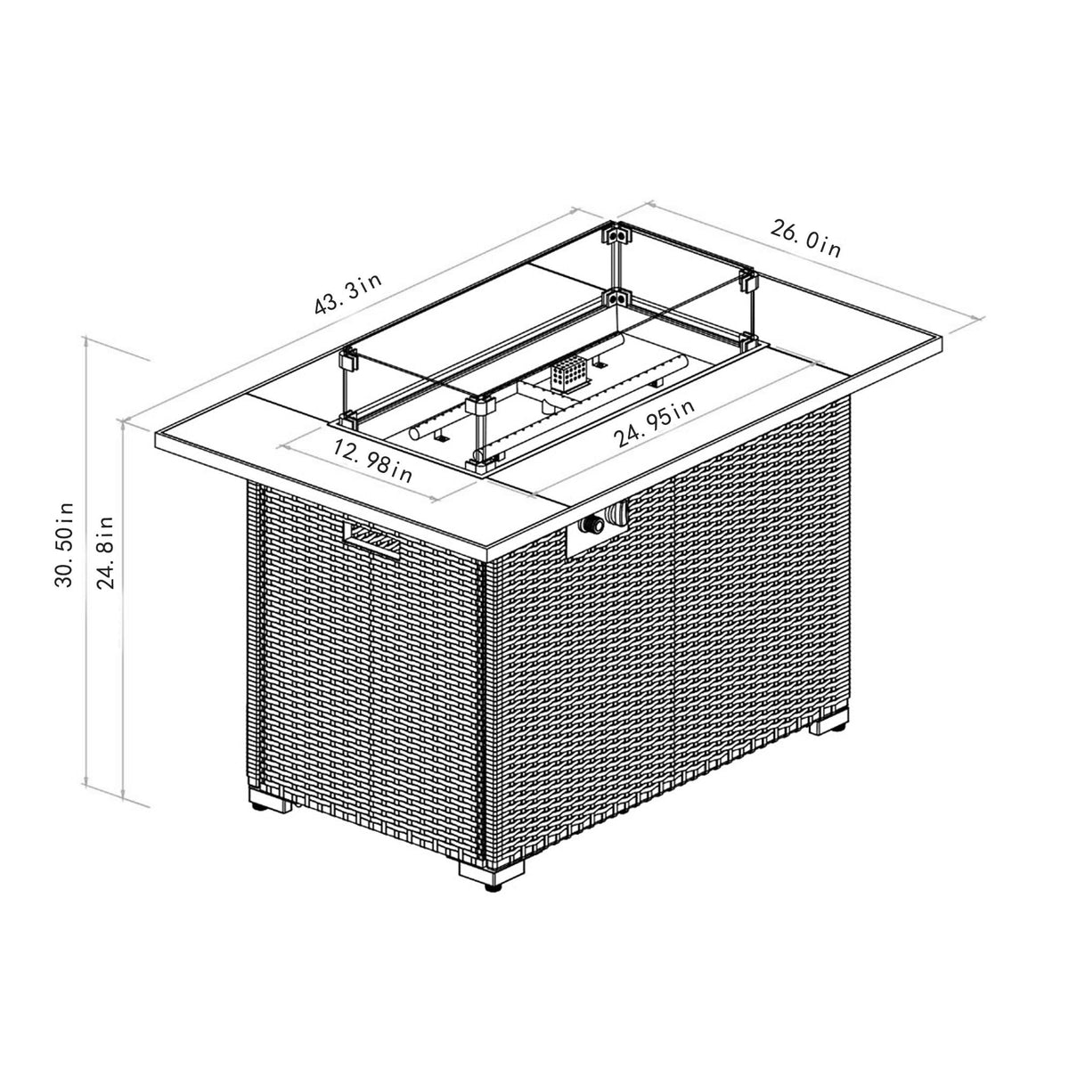 44' Propane Gas Fire Pit Table, 50000 BTU Rectangular Fire Pit, Tile Tabletop with Beautiful Wicker Base for Outside Patio Deck Garden Courtyard-Brown