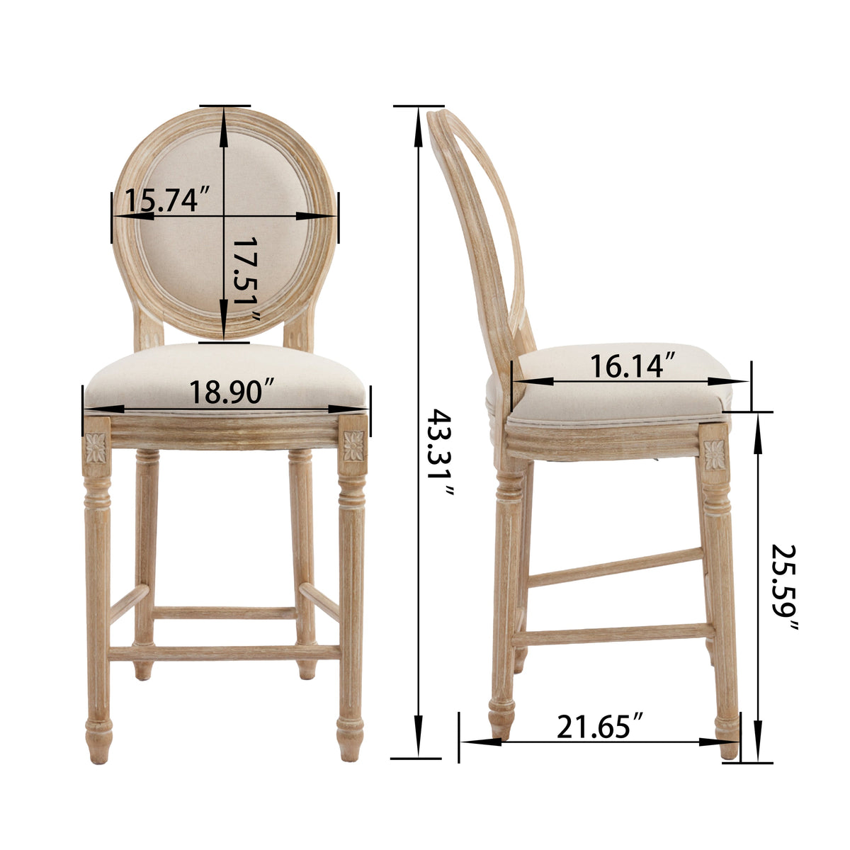 French Country 26'' Height Bar Chairs with Beige Linen Upholstery - Set of 2