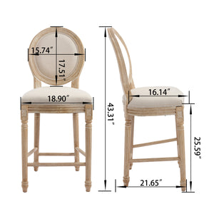 French Country 26'' Height Bar Chairs with Beige Linen Upholstery - Set of 2