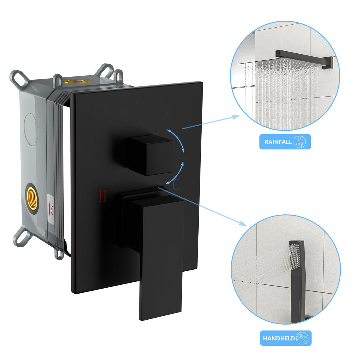 Square Shower System With Waterfall Tub Spout And Rough In Valve, Wall Mounted