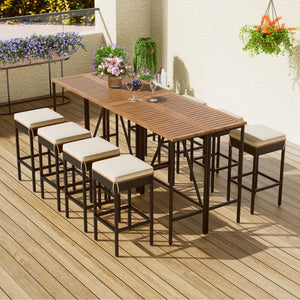 Acacia Wood Outdoor Bar Height Table Set with Cushioned Stools - Light Brown
