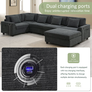 U Shaped Sectional Sofa 6 Seat Couch Set With Oversized Ottoman, Hidden Armrest Storage And Cup Holders USB Charging Ports Wide Seat Sofa