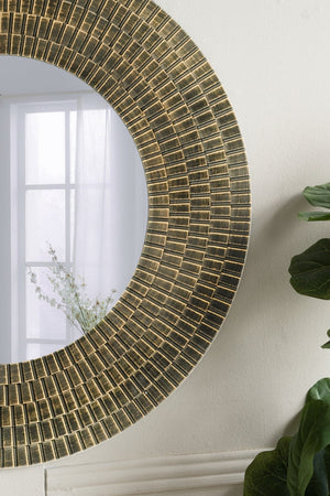 Round Gold and Black Wooden Accent Mirror with Woven Texture - 29.5"