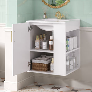 Wall Mounted Bathroom Cabinet with Side Shelf and Sink - White