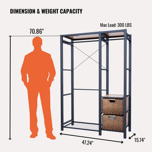 Garment Rack With Shelves, 2 Wicker Drawers, 4 Hooks Organizer