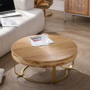 Modern Round Coffee Table with Wooden Carving Pattern and Metal Legs in Golden Natural Finish, Pine and MDF Construction