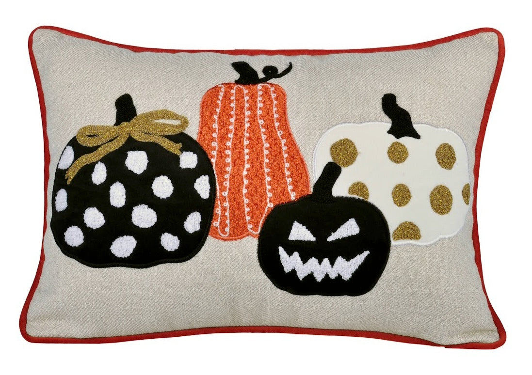 Embroidered Halloween Pumpkin Pillow – Spooky Polka Dot Linen Throw Accent