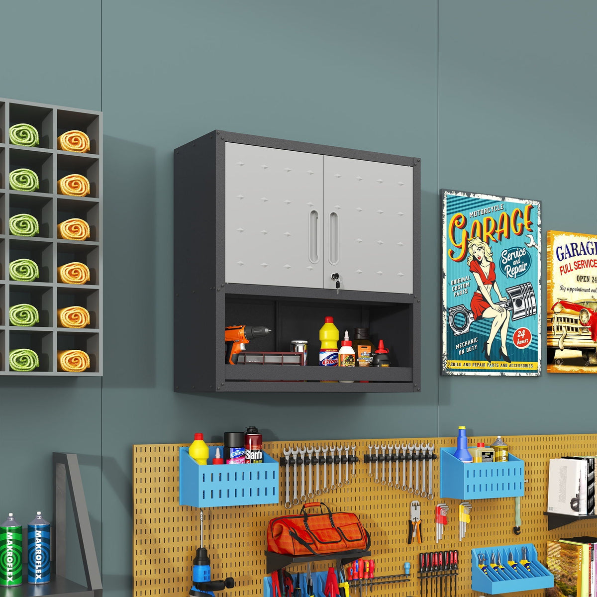 Metal Wall Mounted Tool Storage Cabinet With Locking Door, 1 Shelf & 1 Drawer