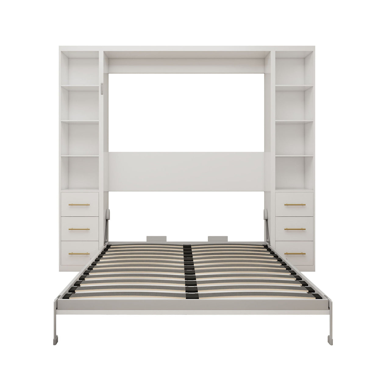 Queen Size Murphy Wall Bed With Side Storage Cabinets - White